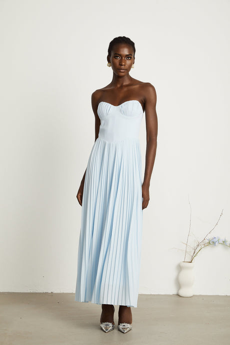 Aurohaya Carlotta blue pleated corset maxi dress