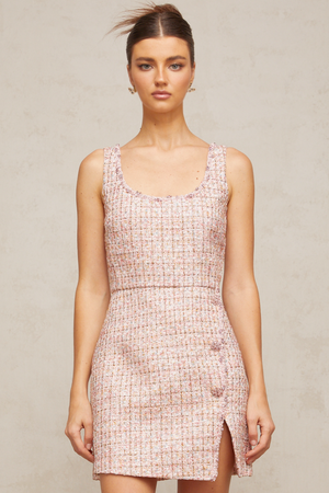Aurohaya Aoife pink embellished tweed mini dress