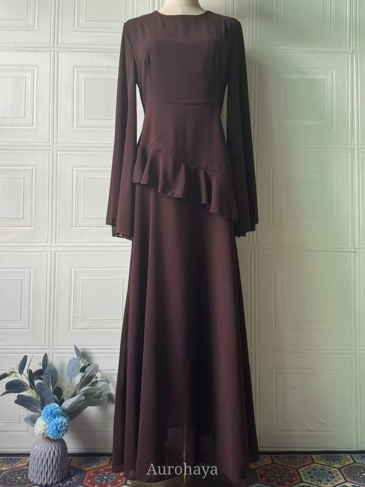 Ruffle Trim Lace-Up Round Neck Long-Sleeve Maxi Dress