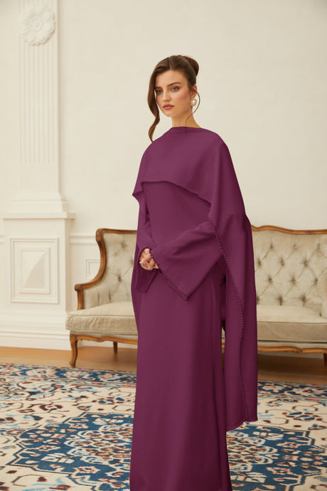 Aurohaya Piroska Purple Pearl Trim Shawl Detail Maxi Dress