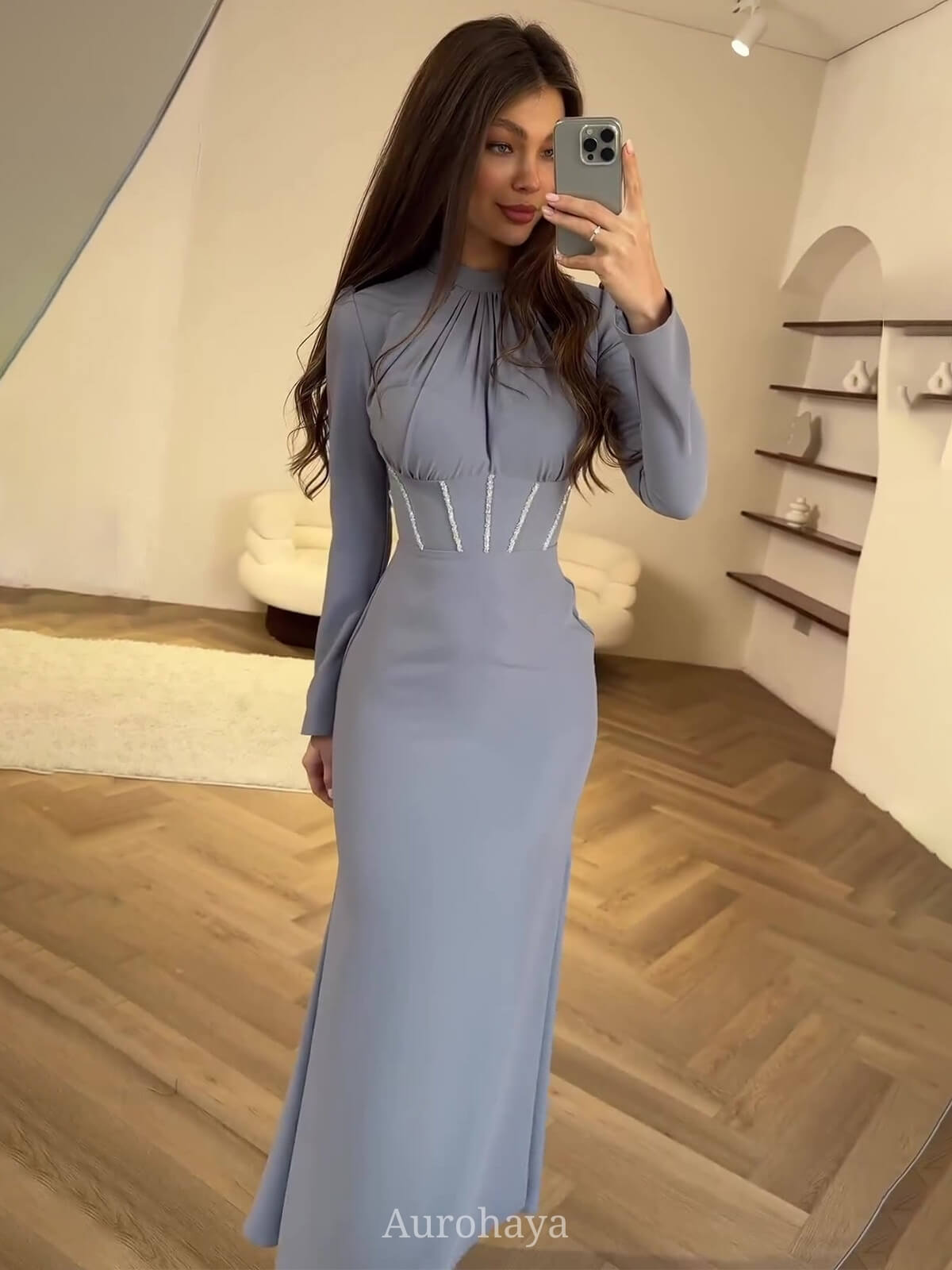 Satin Long Sleeve Ruched Tie-Waist Maxi Dress