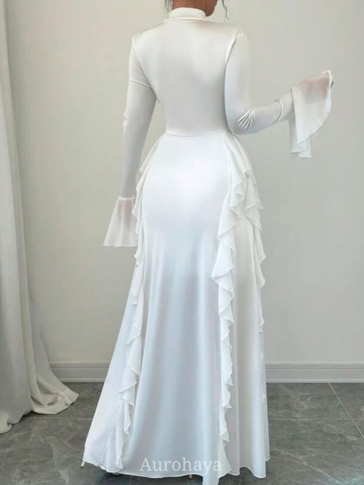 High-Collar Ruffle Splicing Flare-Sleeve Maxi Dress