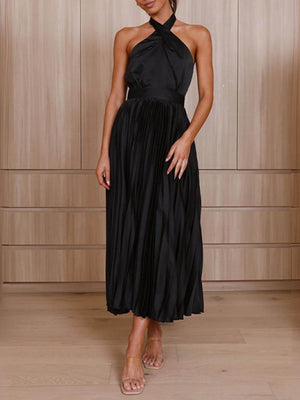 Aurohaya Neckline Pleated Vacation Party Midi Dresses Black