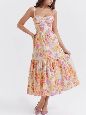 Aurohaya Strap A-Hem Floral Midi Dress
