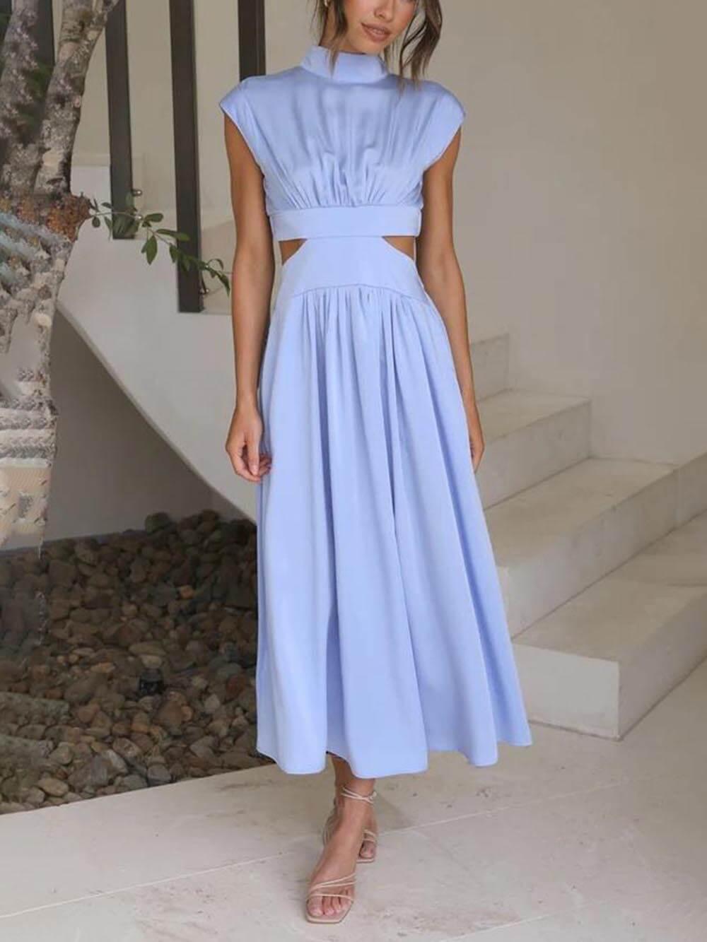 Aurohaya Cutout Waist Pocketed Vacation Midi Dress Light Blue