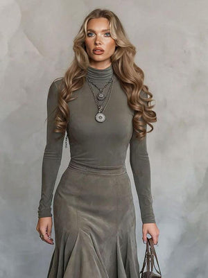 Aurohaya Retro Suede Irregular Midi Skirt Two-piece Set