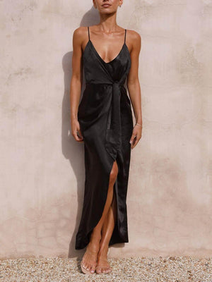 Aurohaya Stylish Unique Strappy French Halter Midi Dresses Black