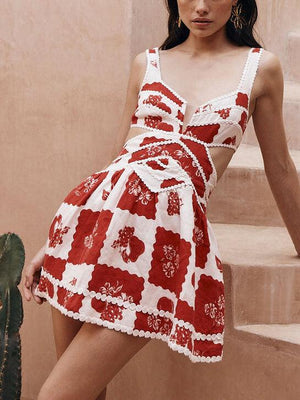 Aurohaya Floral Decorative Unique Print V-Neck Hollow A-Line Mini Dress Red