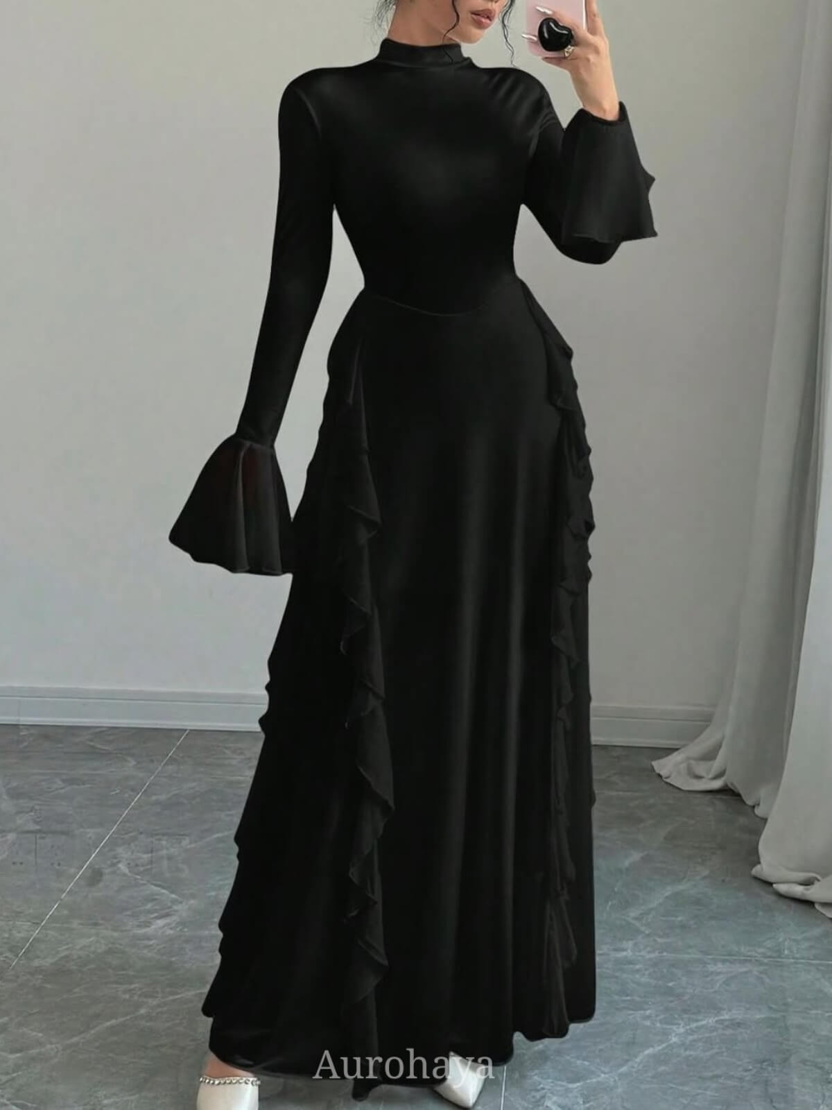 High-Collar Ruffle Splicing Flare-Sleeve Maxi Dress