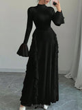 High-Collar Ruffle Splicing Flare-Sleeve Maxi Dress