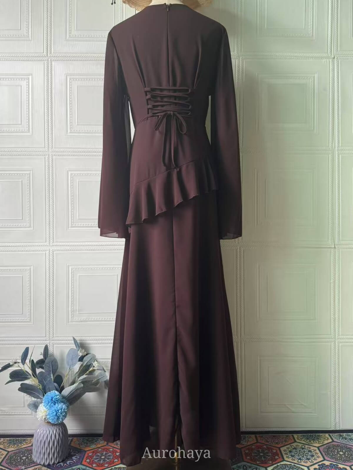 Ruffle Trim Lace-Up Round Neck Long-Sleeve Maxi Dress