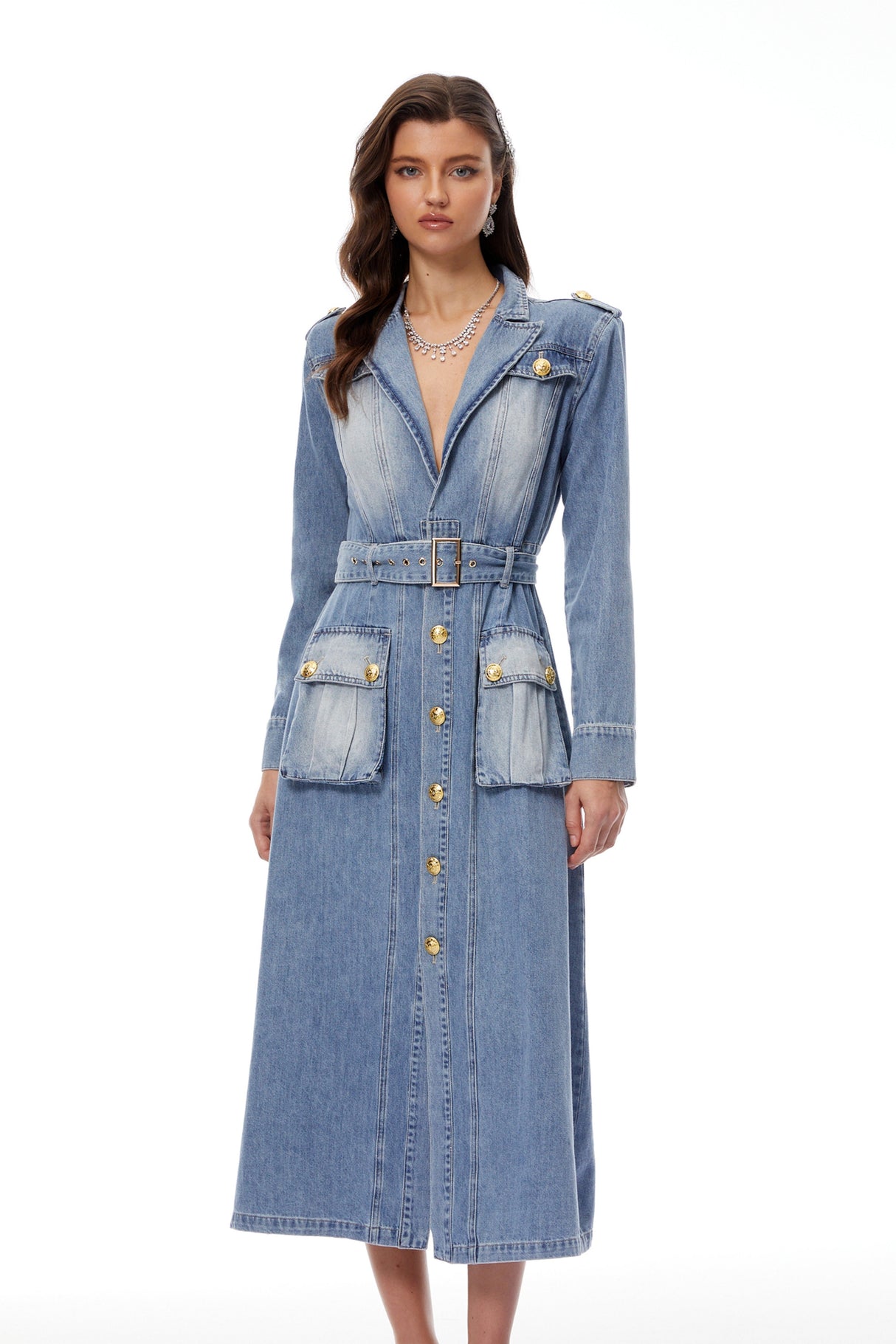 Aurohaya Tyra Blue Faded Denim Maxi Dress
