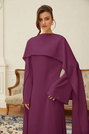Aurohaya Piroska Purple Pearl Trim Shawl Detail Maxi Dress