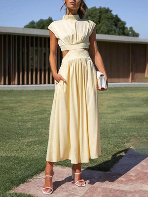 Aurohaya Cutout Waist Pocketed Vacation Midi Dress