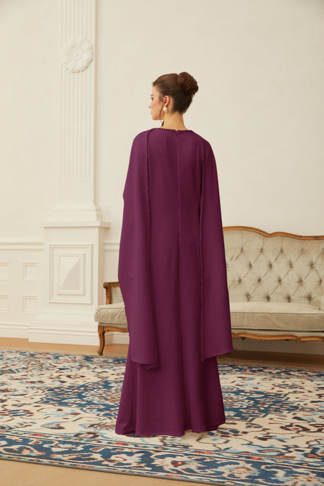 Aurohaya Piroska Purple Pearl Trim Shawl Detail Maxi Dress