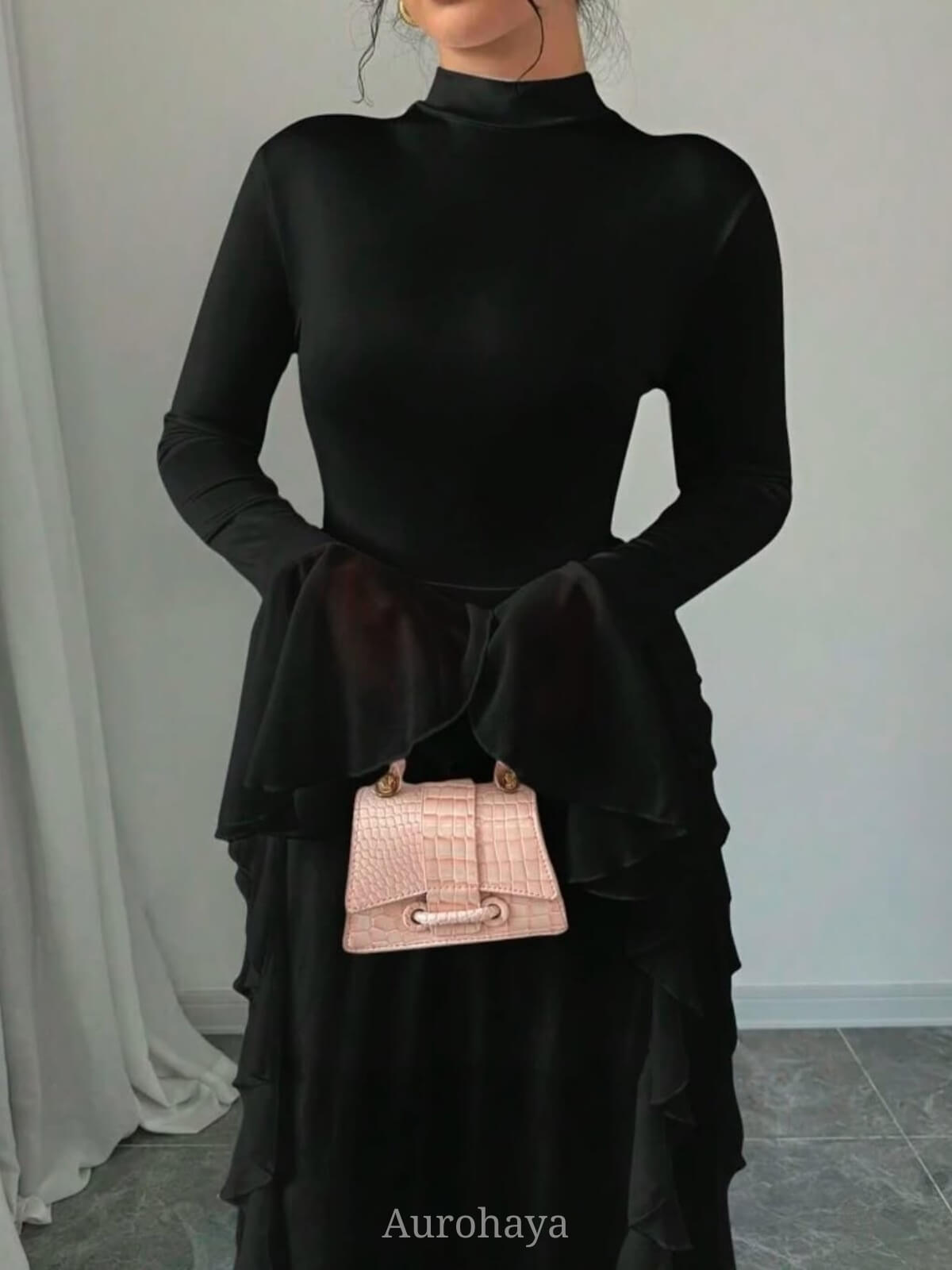 High-Collar Ruffle Splicing Flare-Sleeve Maxi Dress