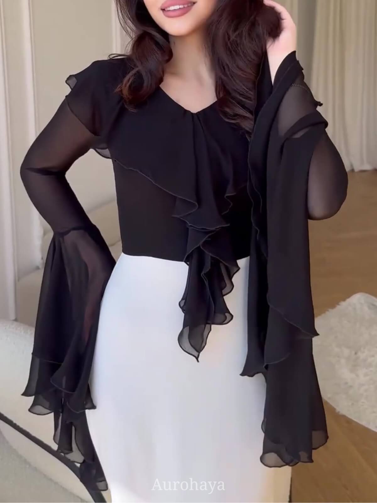 Ruffle Bell-Sleeve Tie-Front Slim-Fit Maxi Dress