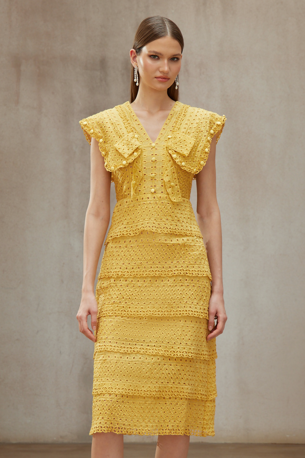 Aurohaya Fidji Yellow Layered Embroidered Midi Dress