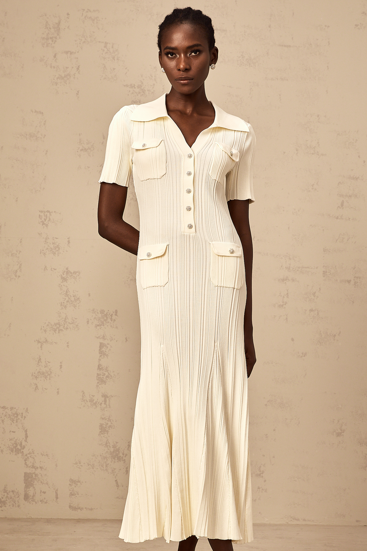 Aurohaya Nouria neutrals ribbed-knit midi dress