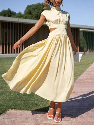 Aurohaya Cutout Waist Pocketed Vacation Midi Dress