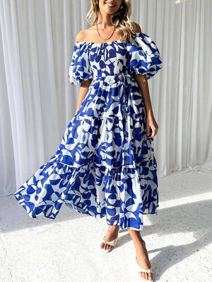 Aurohaya Unique Floral Print Patchwork Up Pleated Maxi Dress Dark Bule