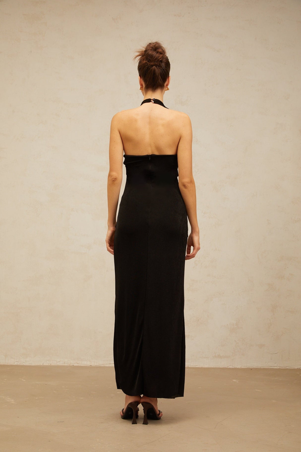 Aurohaya Adrienne black denim front-slit contrast-stitching maxi dress