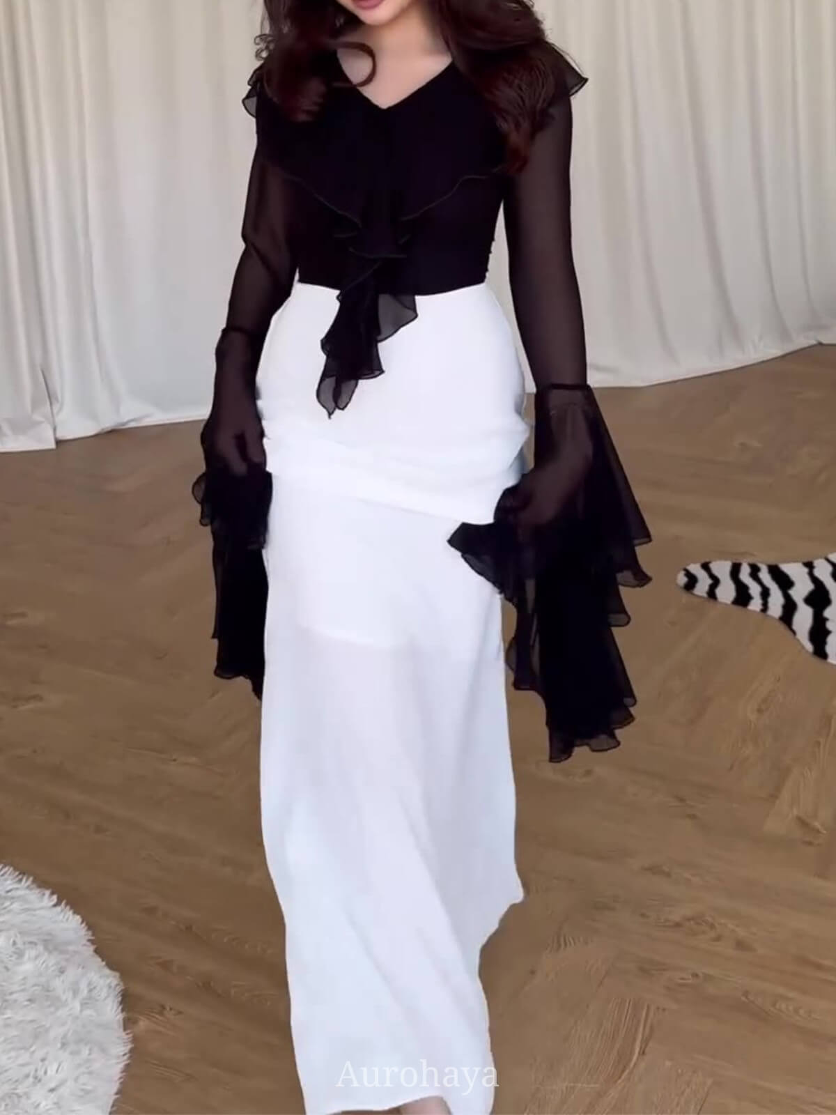 Ruffle Bell-Sleeve Tie-Front Slim-Fit Maxi Dress