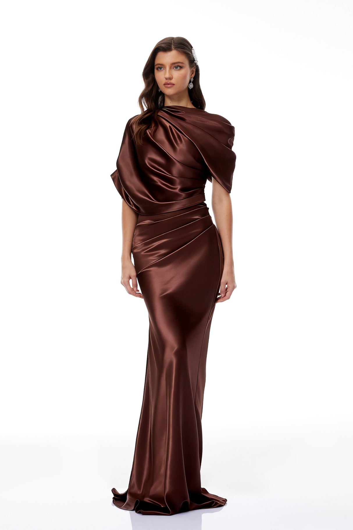 Aurohaya Luisa Brown Asymmetrical Gathered Satin Maxi Dress