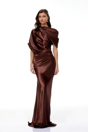 Aurohaya Luisa Brown Asymmetrical Gathered Satin Maxi Dress