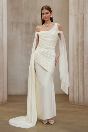 Aurohaya Aurianne White Asymmetrical Draped Maxi Dress