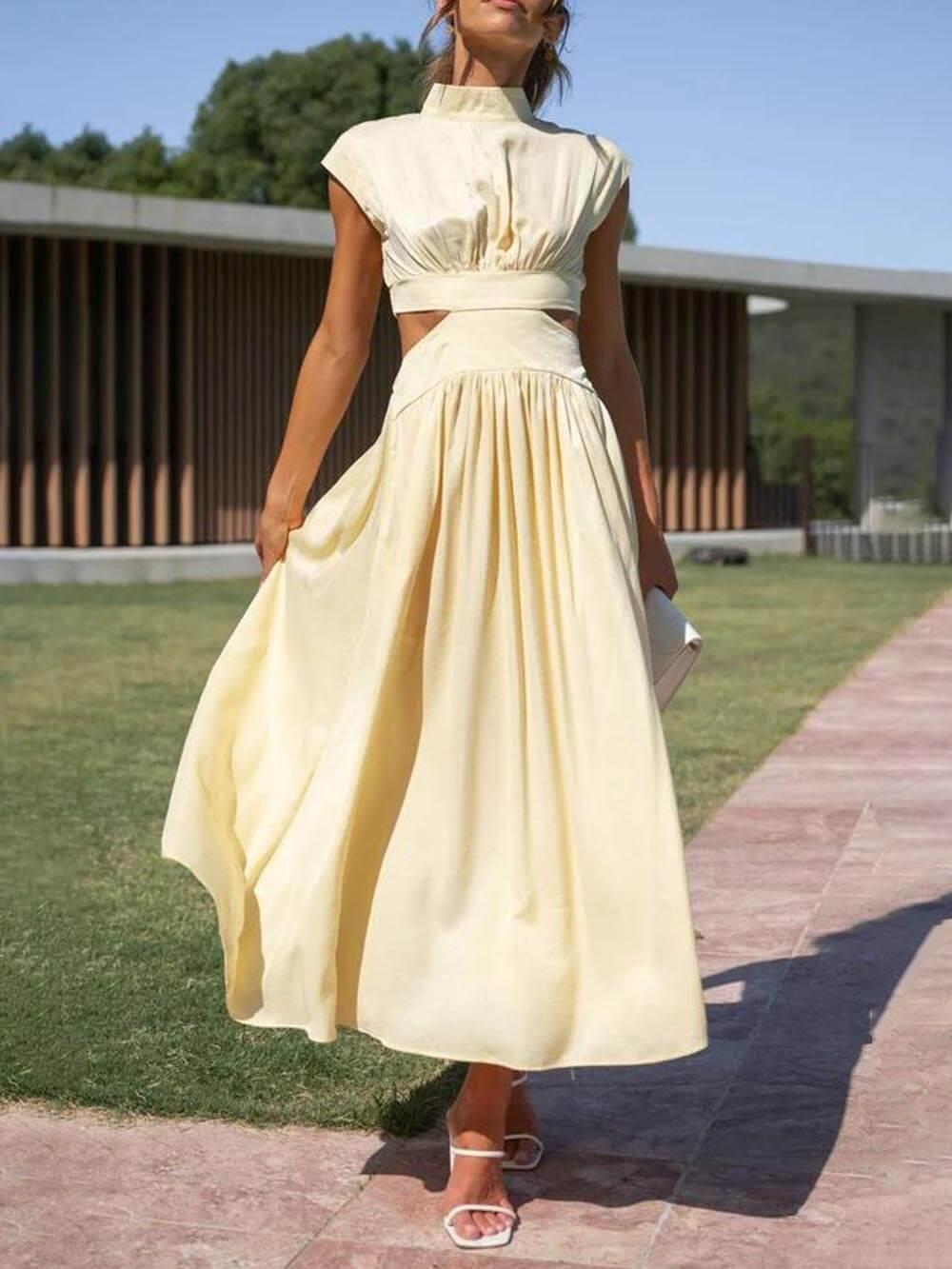 Aurohaya Cutout Waist Pocketed Vacation Midi Dress