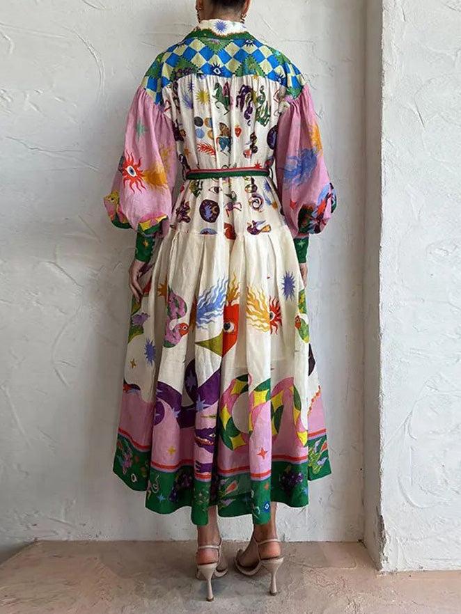 Aurohaya Unique And Beautiful Retro Print Long Sleeve Shirt-Style Midi Dress