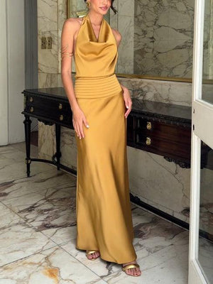 Aurohaya Elegant Chic Halter Neck Satin Party Maxi Dress Yellow