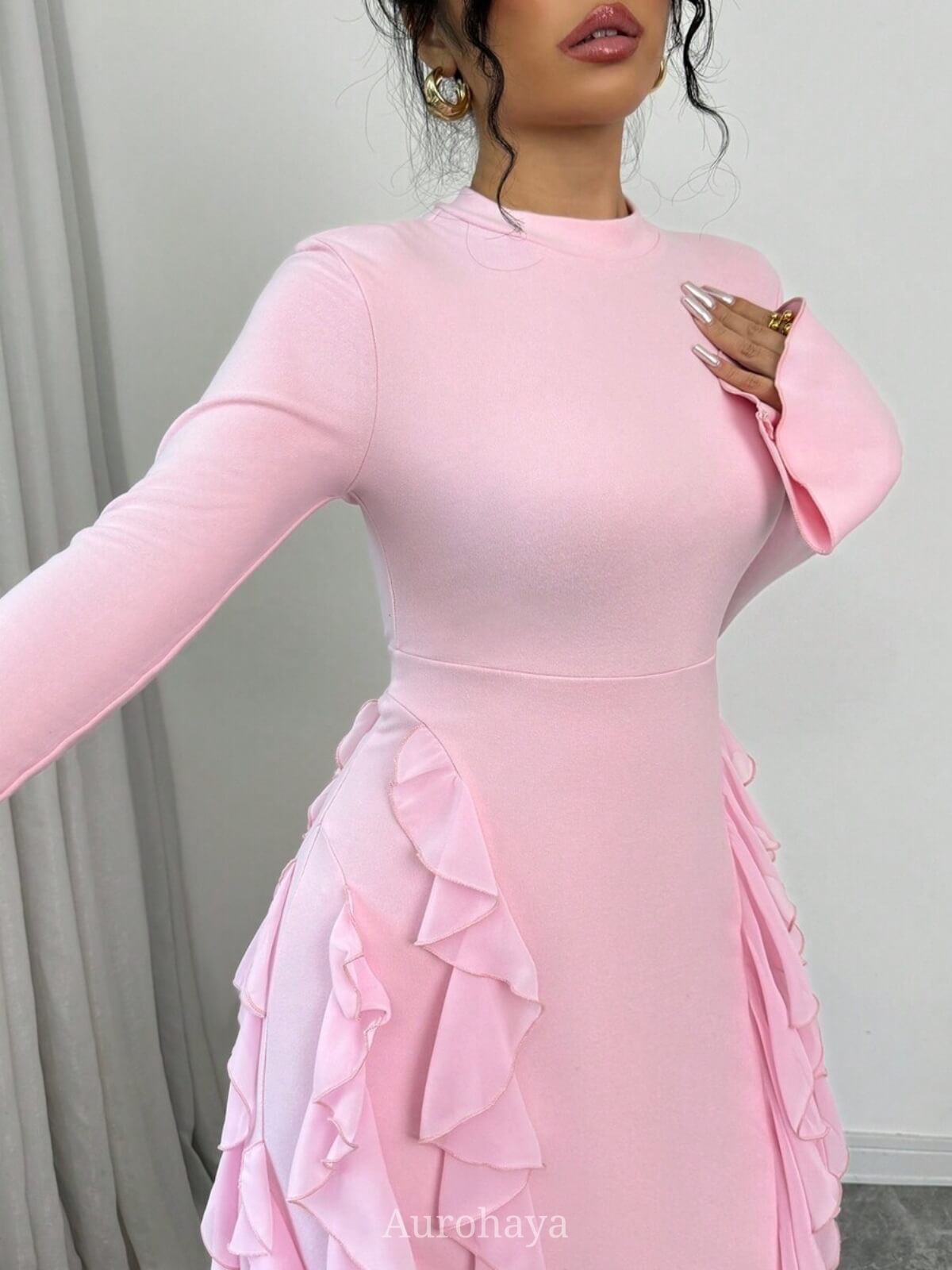 High-Collar Ruffle Splicing Flare-Sleeve Maxi Dress