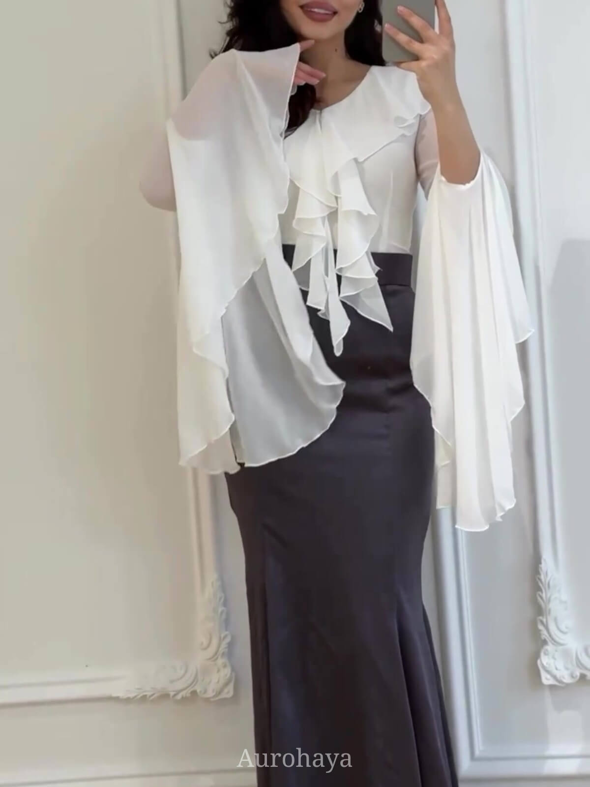 Ruffle Bell-Sleeve Tie-Front Slim-Fit Maxi Dress