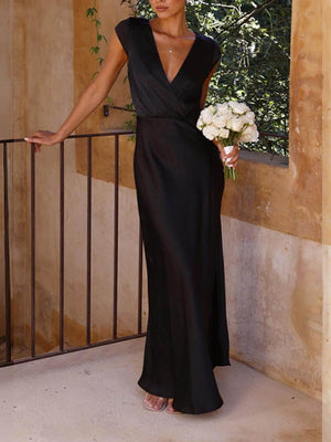 Aurohaya Spring/Summer Satin Solid Color V-Neck Fishtail Party Dress