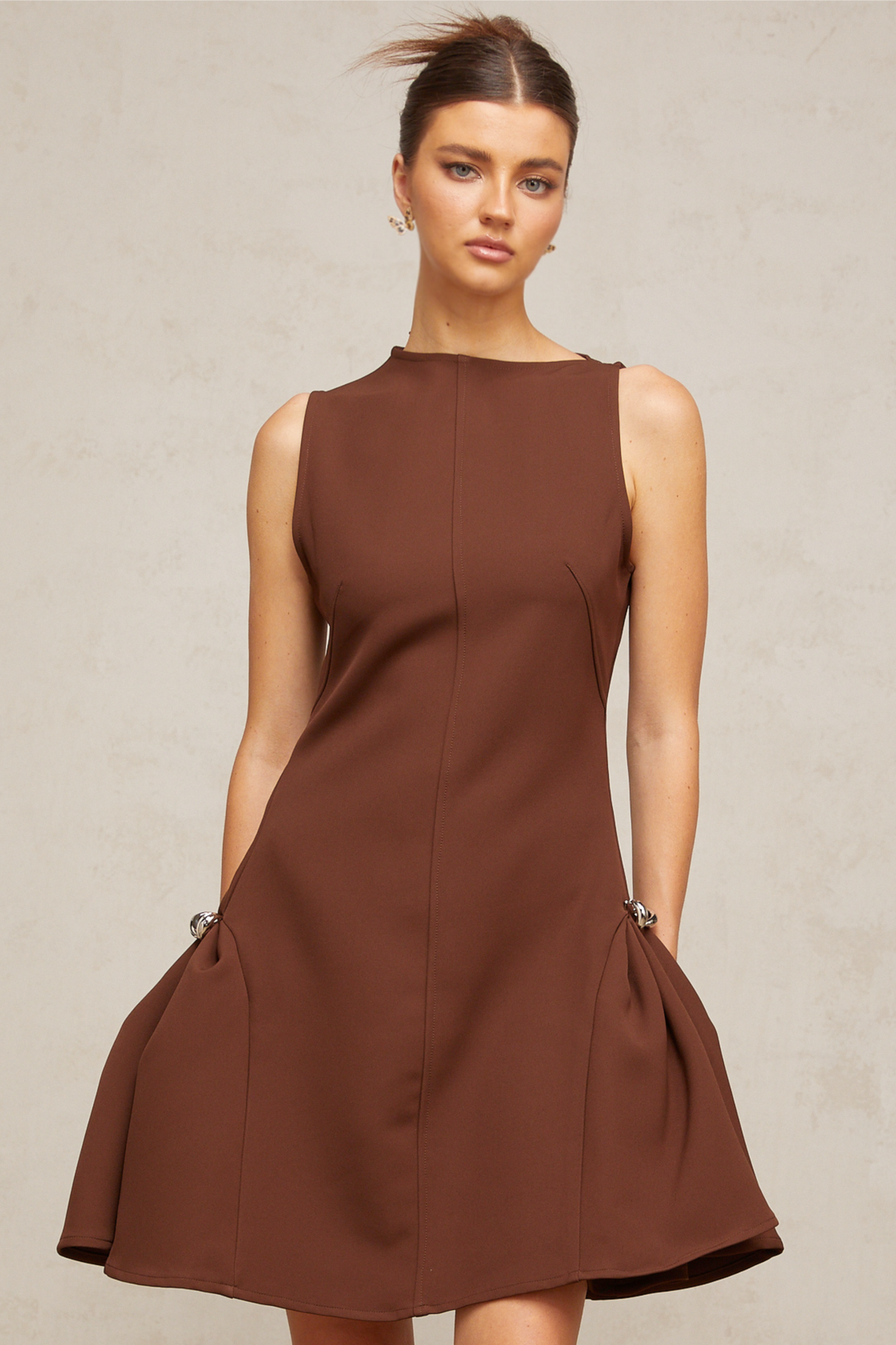 Aurohaya Dora brown asymmetrical-neck puff mini dress