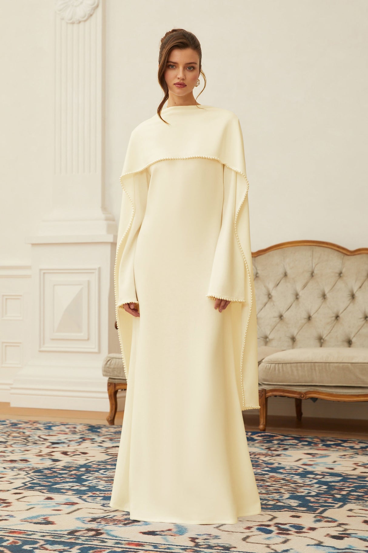 Aurohaya Piroska Yellow Pearl Trim Shawl Detail Maxi Dress