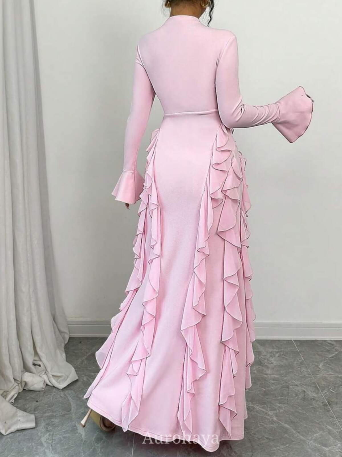 High-Collar Ruffle Splicing Flare-Sleeve Maxi Dress
