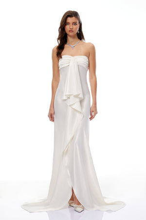 Aurohaya Lilla Beige Strapless Ruffled Satin Maxi Dress