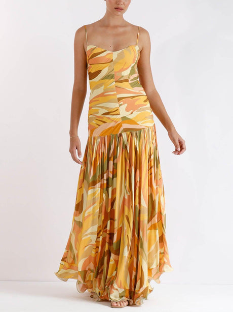 Aurohaya Elegant Abstract Print Suspender Pleated Flowy Maxi Dress Orange