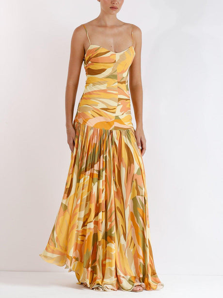 Aurohaya Elegant Abstract Print Suspender Pleated Flowy Maxi Dress