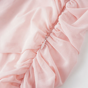 Aurohaya Garance Pink Asymmetrical Ruched Mesh Maxi Dress