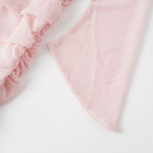 Aurohaya Garance Pink Asymmetrical Ruched Mesh Maxi Dress