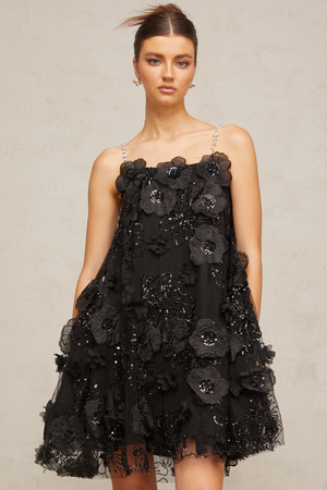 Aurohaya Suzette crystal-embellished floral mini dress in Black
