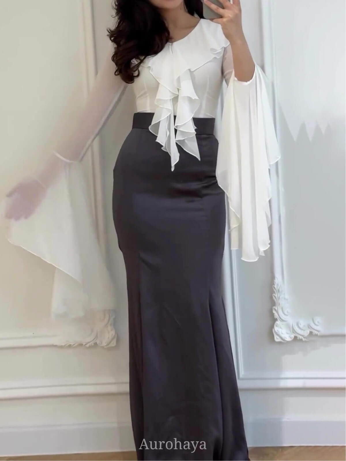 Ruffle Bell-Sleeve Tie-Front Slim-Fit Maxi Dress