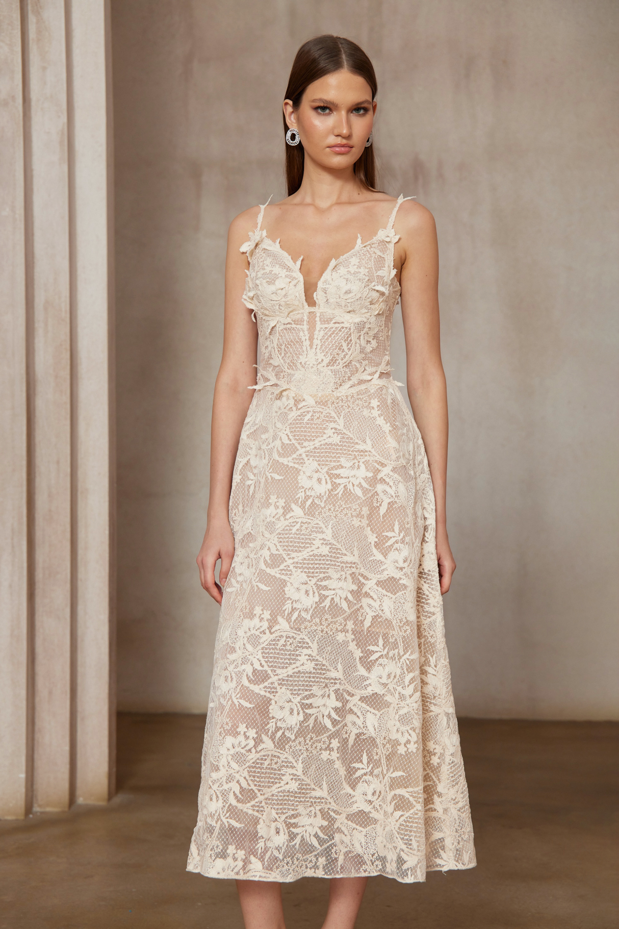 Aurohaya Amber White Sleeveless Floral Lace Midi Dress