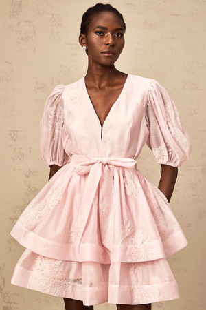 Aurohaya Florence pink floral-embroidered layered mini dress