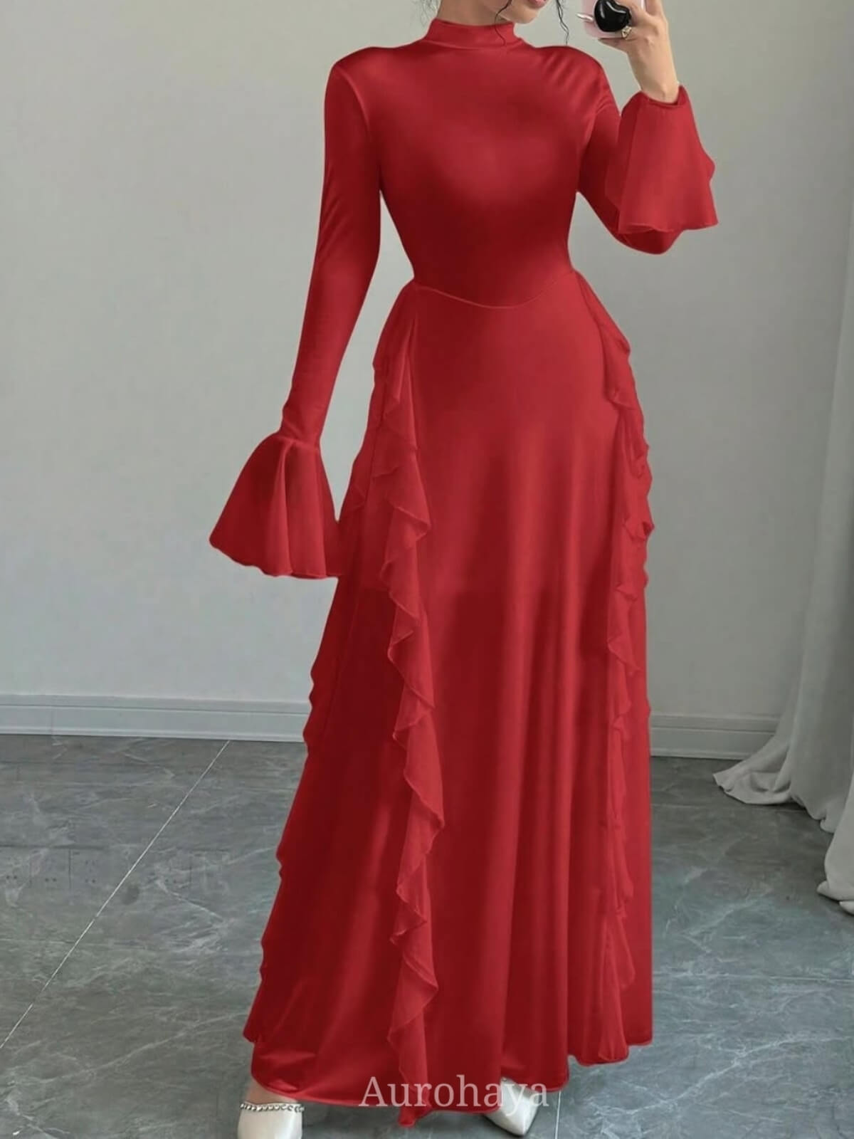High-Collar Ruffle Splicing Flare-Sleeve Maxi Dress