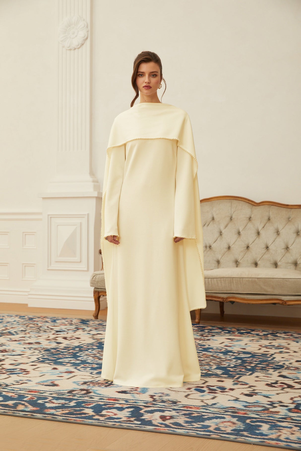 Aurohaya Piroska Yellow Pearl Trim Shawl Detail Maxi Dress